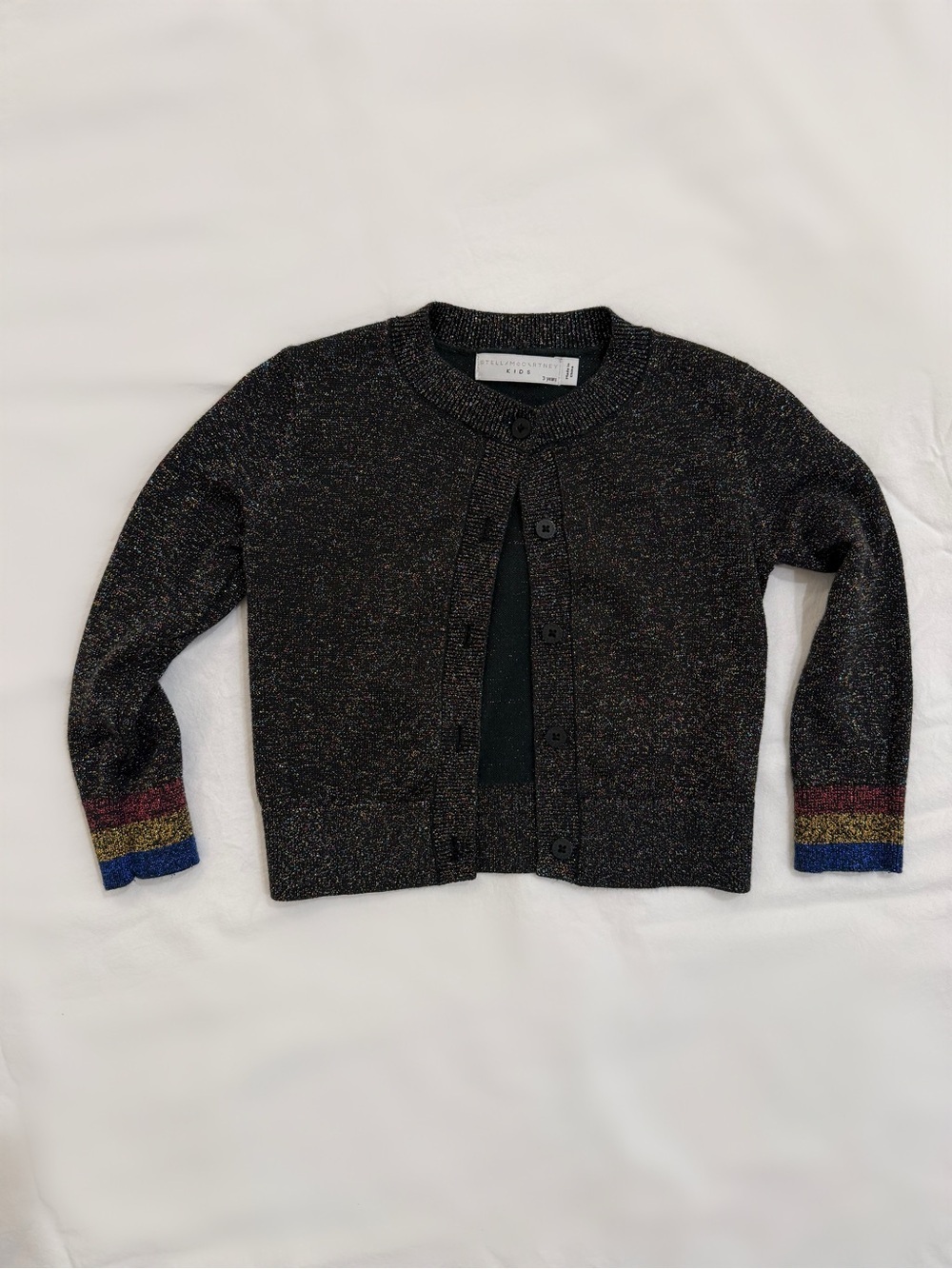 Stella McCartney Kids Metallic Lurex Cardigan Size 3T, Rainbow Sparkle Cuff Knit